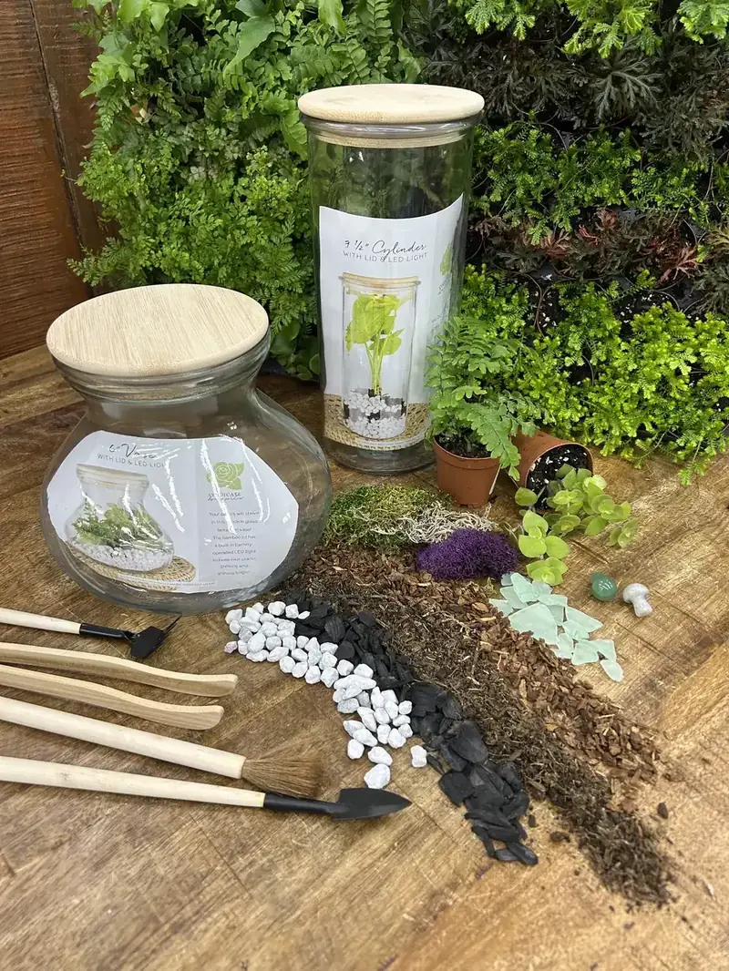 Terrarium supplies on the workbench: glass vessels with bamboo LED lids, mini tools, pebbles, charcoal, soil, mosses, and small ferns